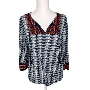 Lucky Brand Blue Embroidered Peasant Blouse - Size Medium